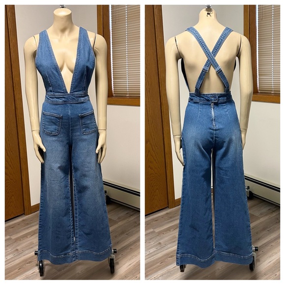 Dollhousee Denim Wide Leg Bibs Overalls Jumpsuit - Picture 1 of 9